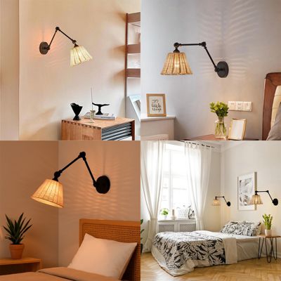 Lampe murale avec bras extensible et abat-jour en rotin style rustique E27 'Raul' - Chandeliers en osier vintage, pliable et