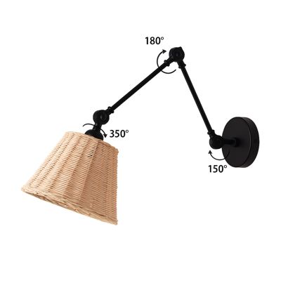 Lampe murale avec bras extensible et abat-jour en rotin style rustique E27 'Raul' - Chandeliers en osier vintage, pliable et