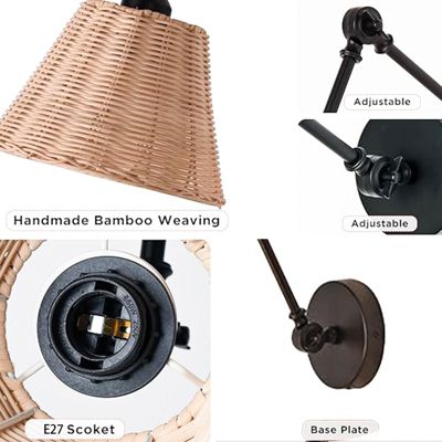 Lampe murale avec bras extensible et abat-jour en rotin style rustique E27 'Raul' - Chandeliers en osier vintage, pliable et