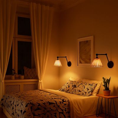Lampe murale avec bras extensible et abat-jour en rotin style rustique E27 'Raul' - Chandeliers en osier vintage, pliable et