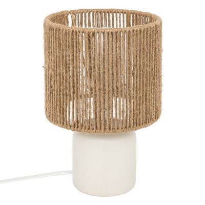 Lampe à poser en céramique Blanc mat et Abat-jour en corde Beige