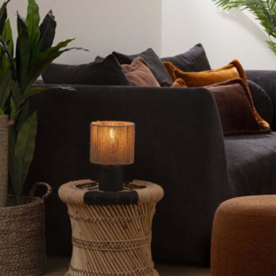 Lampe à poser en céramique Noir mat et Abat-jour en corde Beige