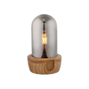 Lampe à poser en verre teinté gris et socle bois - GIRO