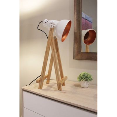 Lampe à poser projecteur blanc en bois et métal - OXI