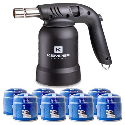 Lampe à souder à gaz Professionnelle 360 degrés Chalumeau gaz Allumage piezo + 8 Cartouches gaz Perçables KEMPER