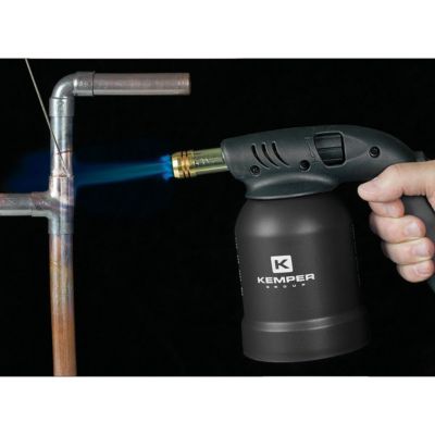 Lampe à souder à gaz Professionnelle Utilisation 360 degrés Chalumeau Gaz Allumage piezo 4 Cartouches gaz Perçables KEMPER