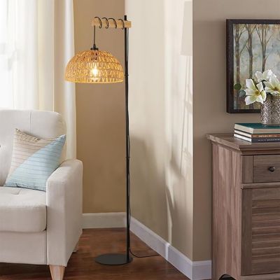 Lampe sur pied en bois avec abat-jour en corde de jute beige "SALVIA" - E27