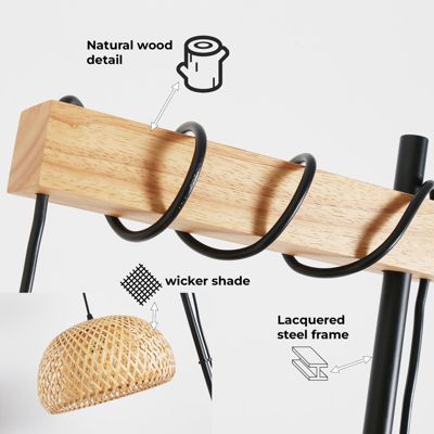 Lampe sur pied en bois et rotin avec abat-jour en bambou Ylva interrupteur au pied et design moderne pour salon ou cuisine E27