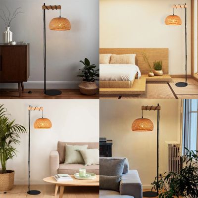 Lampe sur pied en bois et rotin avec abat-jour en bambou Ylva interrupteur au pied et design moderne pour salon ou cuisine E27