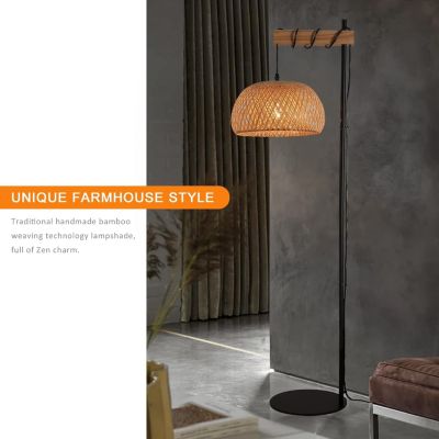 Lampe sur pied en bois et rotin avec abat-jour en bambou Ylva interrupteur au pied et design moderne pour salon ou cuisine E27