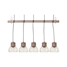 Lampe suspension 5 ampoules cuivré et bois clair VARADA