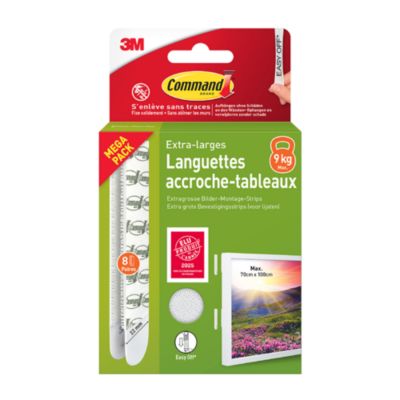 Languette adhésive accroche tableau 3M Command blanc XL - 8 paires
