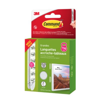 Languette adhésive accroche-tableaux grandes 3M Command max 7kg - 12 paires