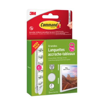 Languettes adhésives accroche-tableaux grandes 3M Command™ max 7kg - 6 paires