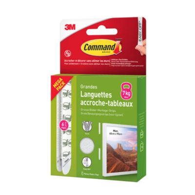 Languettes adhésives accroche-tableaux grandes 3M Command™ max 7kg - 6 paires
