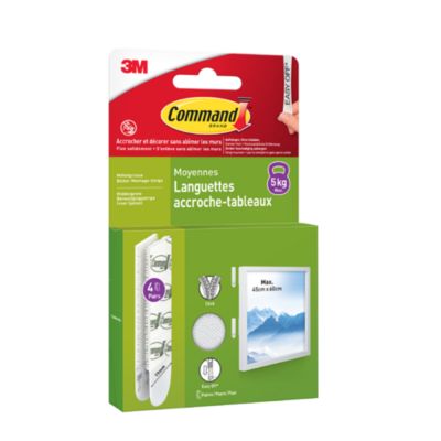 Languettes adhésives accroche-tableaux moyennes 3M Command™ max 5kg - 4 paires + 2 paires gratuites