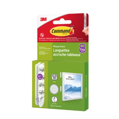 Languettes adhésives accroche-tableaux moyennes 3M Command™ max 5kg - 4 paires + 2 paires gratuites