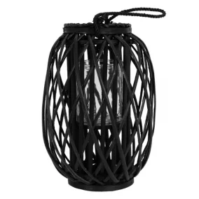 Lanterne en rotin panier déco noir chandelier de jardin porte-bougie verre 30cm