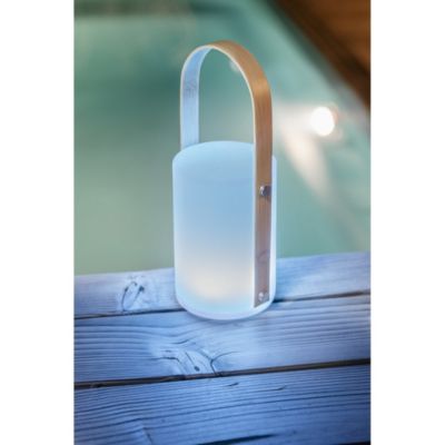 Lanterne portable rechargeable par USB avec anse en bambou. Lumière blanche, bleue, jaune...au choix