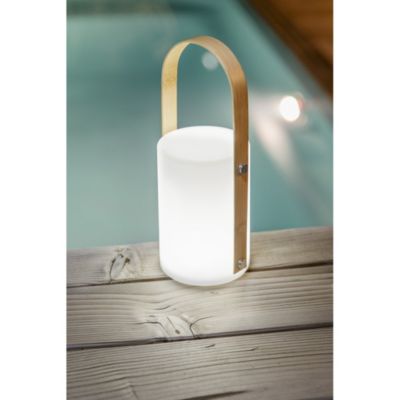 Lanterne portable rechargeable par USB avec anse en bambou. Lumière blanche, bleue, jaune...au choix