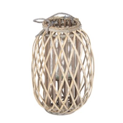 Lanterne rotin panier décoration chandelier de jardin porte-bougie verre 26 cm