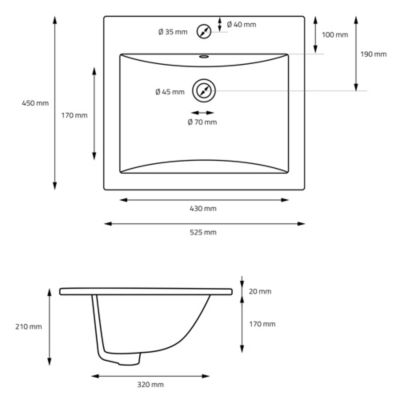 Lavabo blanc ceramique rectangulaire a encastrer salle de bain 52,5x44x21,5 cm