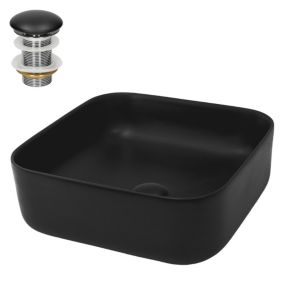 Lavabo céramique noir avec garniture de vidage lave-mains moderne 395x395x140 mm