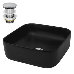 Lavabo céramique noir avec garniture de vidage lave-mains moderne 395x395x140 mm