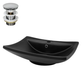 Lavabo céramique noir avec garniture de vidage lave-mains moderne 610x455x185 mm