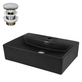 Lavabo céramique noir lave-mains rectangle + garniture de vidage