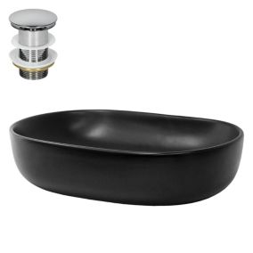 Lavabo céramique ovale noir mat avec bouchon de vidage lave-mains 600x425x145 mm