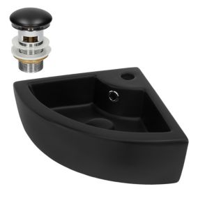 Lavabo d'angle céramique noir angulaire évier avec bouchon de vidange 46x33x13cm