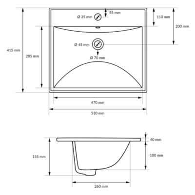 Lavabo en céramique blanc avec garniture de vidage et trop-plein 510x415x155 mm