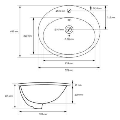 Lavabo en céramique blanc avec garniture de vidage et trop-plein 570x195x485 mm