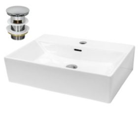 Lavabo en céramique blanc avec garniture de vidage vasque a poser 605 x 365 mm
