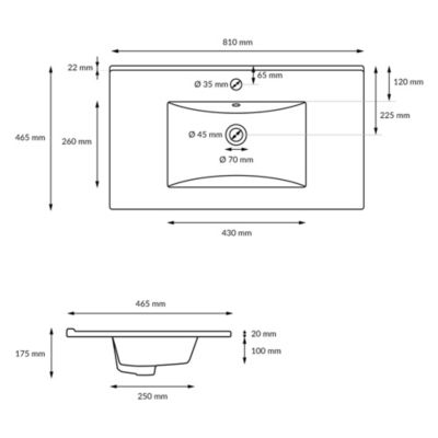 Lavabo en céramique blanc avec garniture de vidage vasque encastrer 810x465 mm