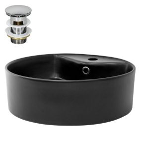 Lavabo en Céramique Noir Mat, 460 x 155 mm, Ronde, avec Bouchon de Vidange