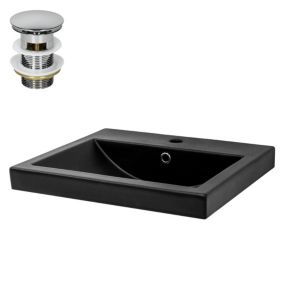 Lavabo en Céramique Noir Mat 53,5x46x16,5 cm, Rectangulaire, avec Bouchon de Vidange