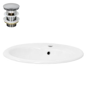 Lavabo encastré céramique blanc brillant ovale avec bonde vidange 57x48,5x19,5cm