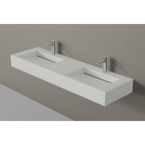 Lavabo mural en fonte minérale 153x45x15 cm Blanc mat, Sans Console métallique métallique