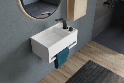Lavabo mural en fonte minérale 50x30x22cm avec porte-serviettes intégré - blanc mat - PB2078