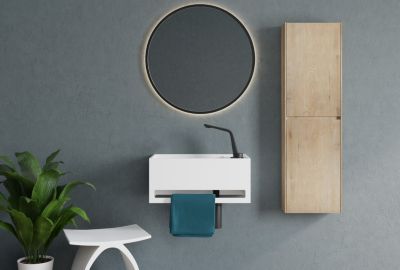Lavabo mural en fonte minérale 50x30x22cm avec porte-serviettes intégré - blanc mat - PB2078
