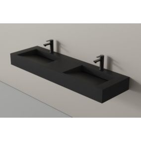 Lavabo mural fonte minérale TWG16, 153 x 45 x 15 cm, base acier inox noir mat en option Sans console métallique, Quartz noir