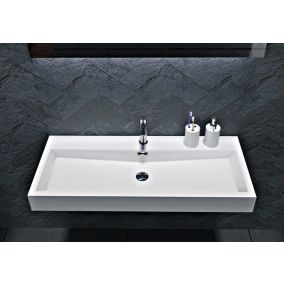 Lavabo mural / lavabo à poser en marbre coulé BS6002 -blanc- 100x42x10cm, avec trou prépercé