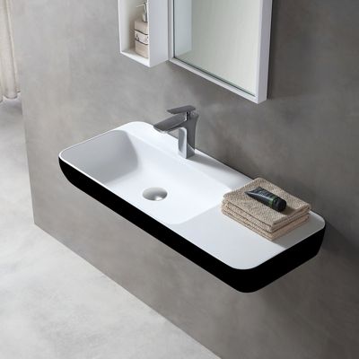Lavabo mural / vasque à poser 90x40x12cm en fonte minérale - noir/blanc mat - TWG202