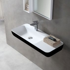 Lavabo mural / vasque à poser TWG202 en solide surface (Solid Stone), noir/blanc mat, 90x40x12cm