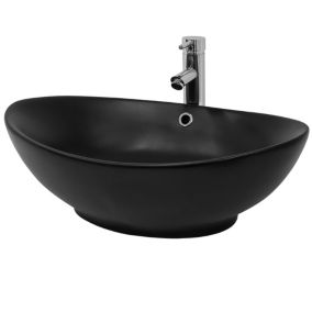 Lavabo noir en ceramique vasque a poser 590 x 380 x 190 mm trop-plein inclus