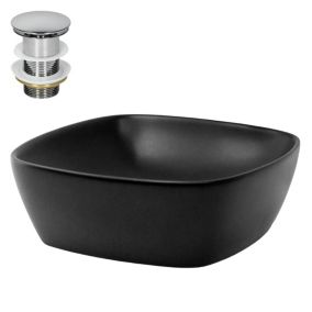 Lavabo noir mat céramique carré avec bouchon de vidage lave-mains 405x405x150 mm