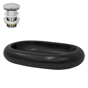 Lavabo noir mat céramique ovale avec bouchon de vidage lave-mains 65x45x11 cm