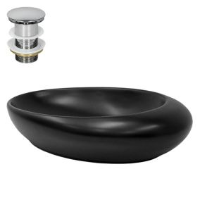 Lavabo noir mat céramique ovale bouchon de vidage lave-mains 58,5x37,5x14,5 cm